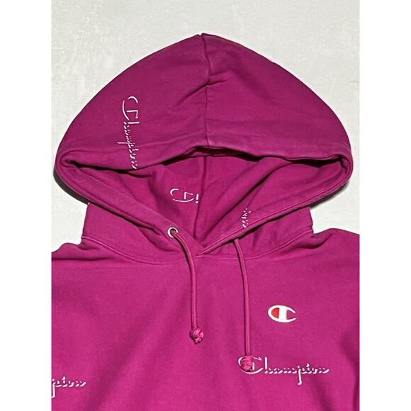 Champion Reverse Weave Hoodie Womens Small Pink Purple Spellout Logo Sweatshirt - Picture 3 of 12